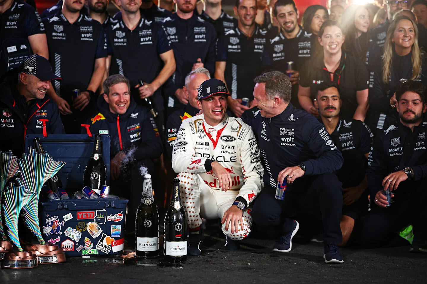 LAS VEGAS, NEVADA - NOVEMBER 18: Race winner Max Verstappen talks with Red Bull Racing Team Principal Christian Horner after the F1 Grand Prix of Las Vegas on November 18, 2023 in Las Vegas, Nevada. (Photo by Jared C. Tilton/Getty Images)