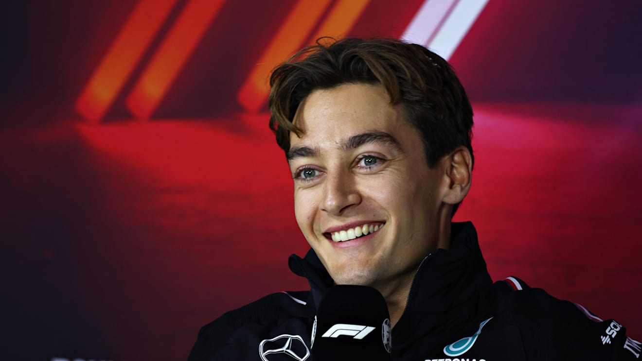 LAS VEGAS, NEVADA - NOVEMBER 20: George Russell of Great Britain and Mercedes attends the Drivers Press Conference during previews ahead of the F1 Grand Prix of Las Vegas at Las Vegas Strip Circuit on November 20, 2024 in Las Vegas, Nevada. (Photo by Clive Rose/Getty Images)