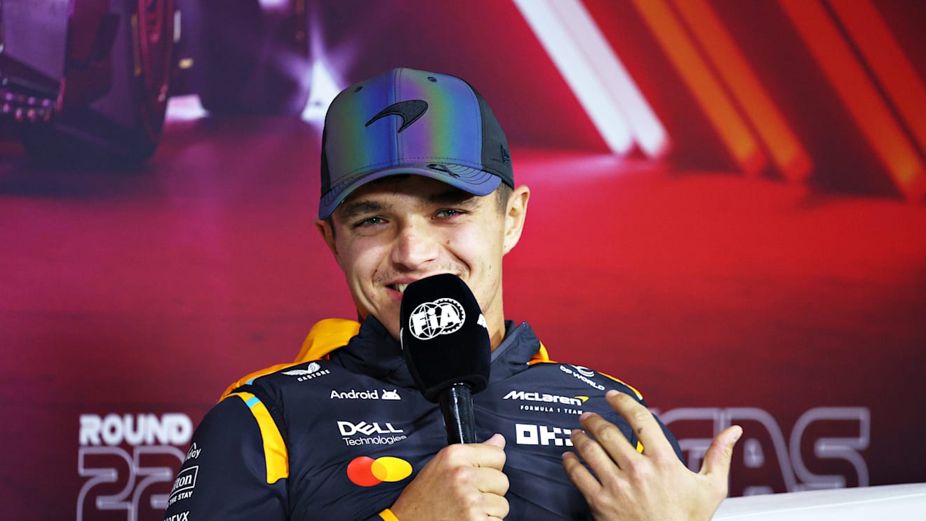 LAS VEGAS, NEVADA - NOVEMBER 20: Lando Norris of Great Britain and McLaren attends the Drivers Press Conference during previews ahead of the F1 Grand Prix of Las Vegas at Las Vegas Strip Circuit on November 20, 2024 in Las Vegas, Nevada. (Photo by Clive Rose/Getty Images)