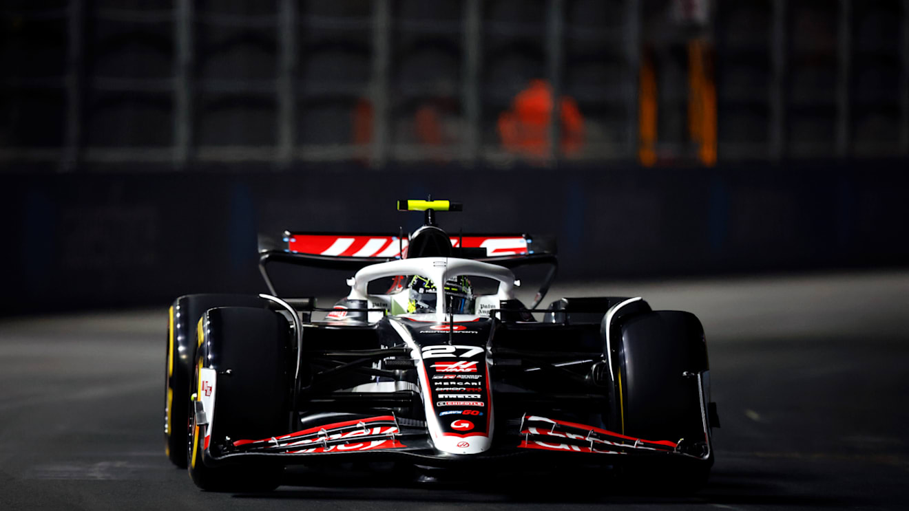 LAS VEGAS, NEVADA - NOVEMBER 21: Nico Hulkenberg of Germany driving the (27) Haas F1 VF-24 Ferrari on track during practice ahead of the F1 Grand Prix of Las Vegas at Las Vegas Strip Circuit on November 21, 2024 in Las Vegas, Nevada. (Photo by Chris Graythen/Getty Images)