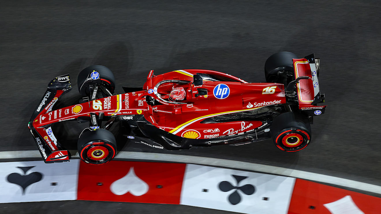 LAS VEGAS, NEVADA - NOVEMBER 21: Charles Leclerc of Monaco driving the (16) Ferrari SF-24 on track during practice ahead of the F1 Grand Prix of Las Vegas at Las Vegas Strip Circuit on November 21, 2024 in Las Vegas, Nevada. (Photo by Clive Rose - Formula 1/Formula 1 via Getty Images)