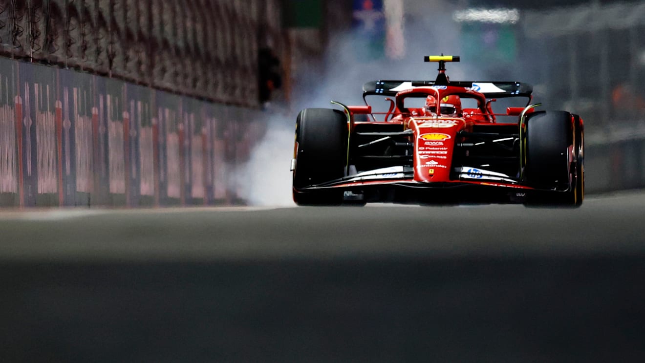 LAS VEGAS, NEVADA - NOVEMBER 21: Carlos Sainz of Spain driving (55) the Ferrari SF-24 locks a wheel under braking during practice ahead of the F1 Grand Prix of Las Vegas at Las Vegas Strip Circuit on November 21, 2024 in Las Vegas, Nevada. (Photo by Chris Graythen/Getty Images)