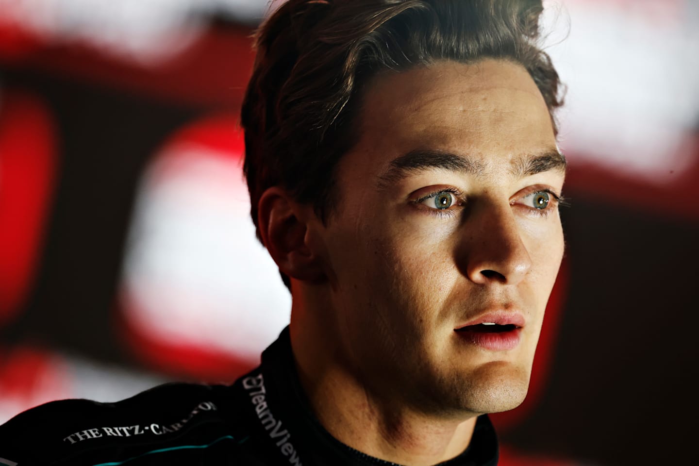 LAS VEGAS, NEVADA - NOVEMBER 21: George Russell of Mercedes looks on in the Paddock after practice ahead of the F1 Grand Prix of Las Vegas at Las Vegas Strip Circuit on November 21, 2024 in Las Vegas, Nevada. (Photo by Chris Graythen/Getty Images)