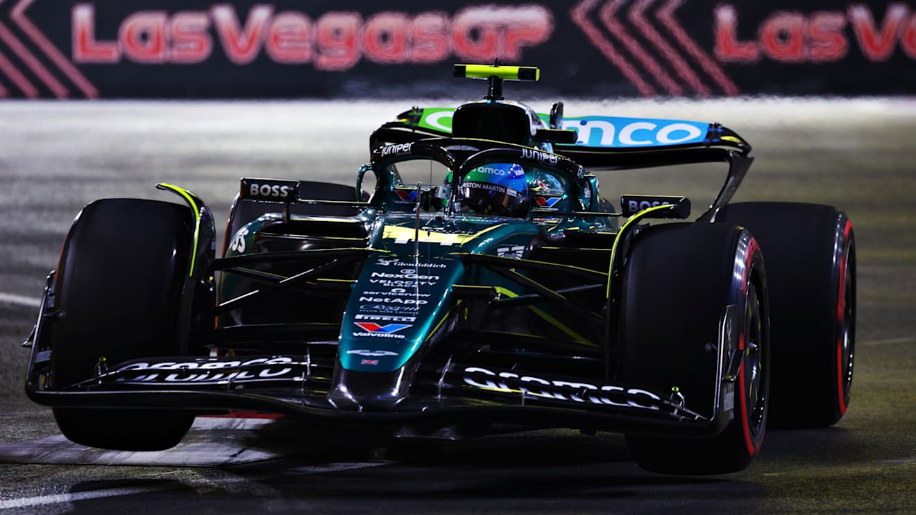 LAS VEGAS, NEVADA - NOVEMBER 22: Fernando Alonso of Spain driving the (14) Aston Martin AMR24 Mercedes on track during final practice ahead of the F1 Grand Prix of Las Vegas at Las Vegas Strip Circuit on November 22, 2024 in Las Vegas, Nevada. (Photo by Clive Rose - Formula 1/Formula 1 via Getty Images)