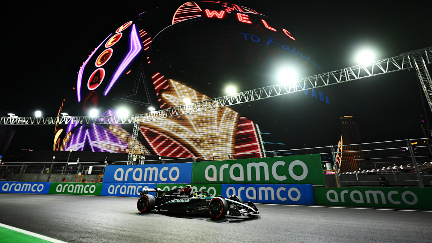 LAS VEGAS, NEVADA - NOVEMBER 22: Lewis Hamilton of Great Britain driving the (44) Mercedes AMG Petronas F1 Team W15 on track during qualifying ahead of the F1 Grand Prix of Las Vegas at Las Vegas Strip Circuit on November 22, 2024 in Las Vegas, Nevada.