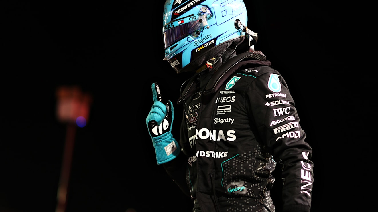 LAS VEGAS, NEVADA - NOVEMBER 22: Pole position qualifier George Russell of Great Britain and Mercedes celebrates in parc ferme during qualifying ahead of the F1 Grand Prix of Las Vegas at Las Vegas Strip Circuit on November 22, 2024 in Las Vegas, Nevada. (Photo by Clive Rose - Formula 1/Formula 1 via Getty Images)