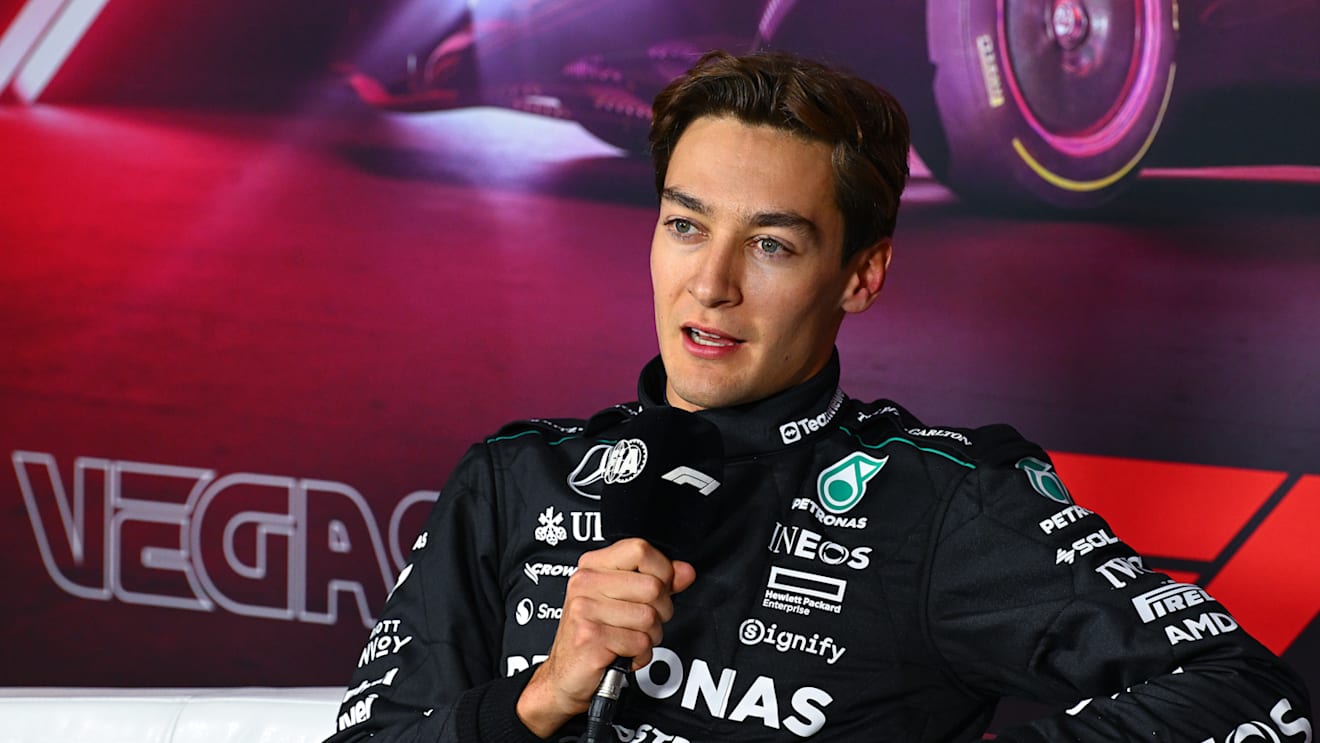 LAS VEGAS, NEVADA - NOVEMBER 22: Pole position qualifier George Russell of Great Britain and Mercedes attends the press conference after qualifying ahead of the F1 Grand Prix of Las Vegas at Las Vegas Strip Circuit on November 22, 2024 in Las Vegas, Nevada. (Photo by Mark Sutton - Formula 1/Formula 1 via Getty Images)