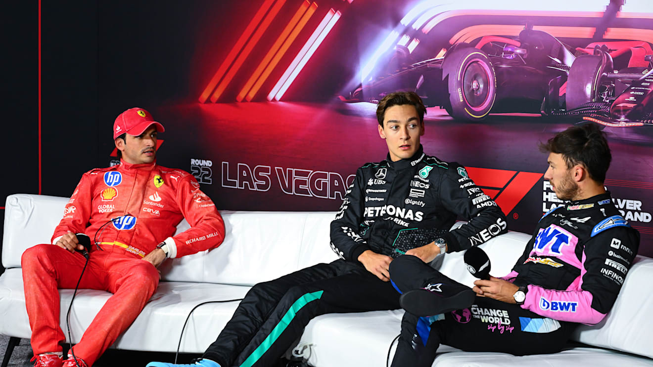 LAS VEGAS, NEVADA - NOVEMBER 22: Pole position qualifier George Russell of Great Britain and Mercedes, Second placed qualifier Carlos Sainz of Spain and Ferrari and Third placed qualifier Pierre Gasly of France and Alpine F1 attend the press conference after qualifying ahead of the F1 Grand Prix of Las Vegas at Las Vegas Strip Circuit on November 22, 2024 in Las Vegas, Nevada. (Photo by Mark Sutton - Formula 1/Formula 1 via Getty Images)