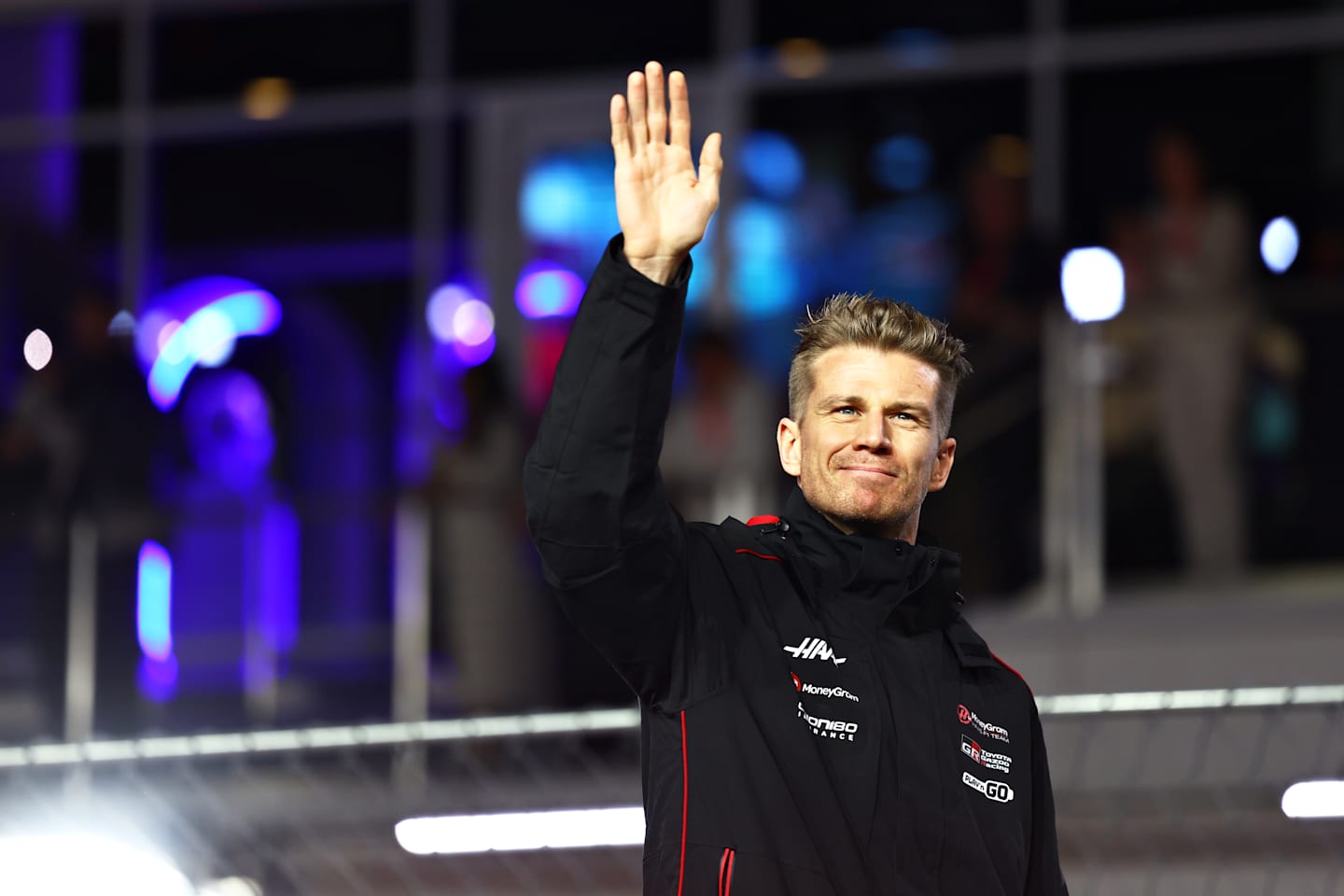 LAS VEGAS, NEVADA - NOVEMBER 23: Nico Hulkenberg of Germany and Haas F1 waves to the crowd on the