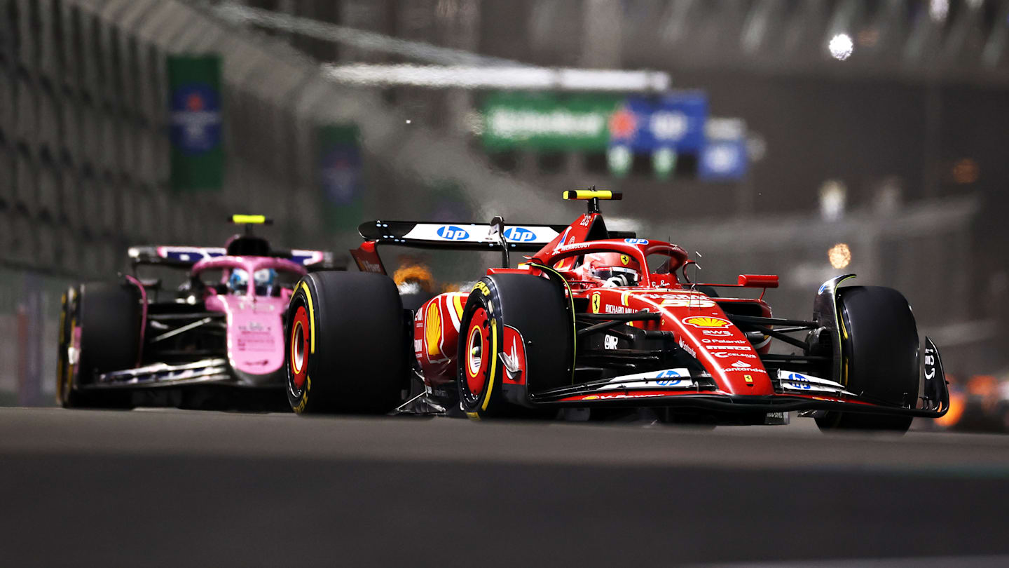 LAS VEGAS, NEVADA - NOVEMBER 23: Carlos Sainz of Spain driving (55) the Ferrari SF-24 leads Pierre