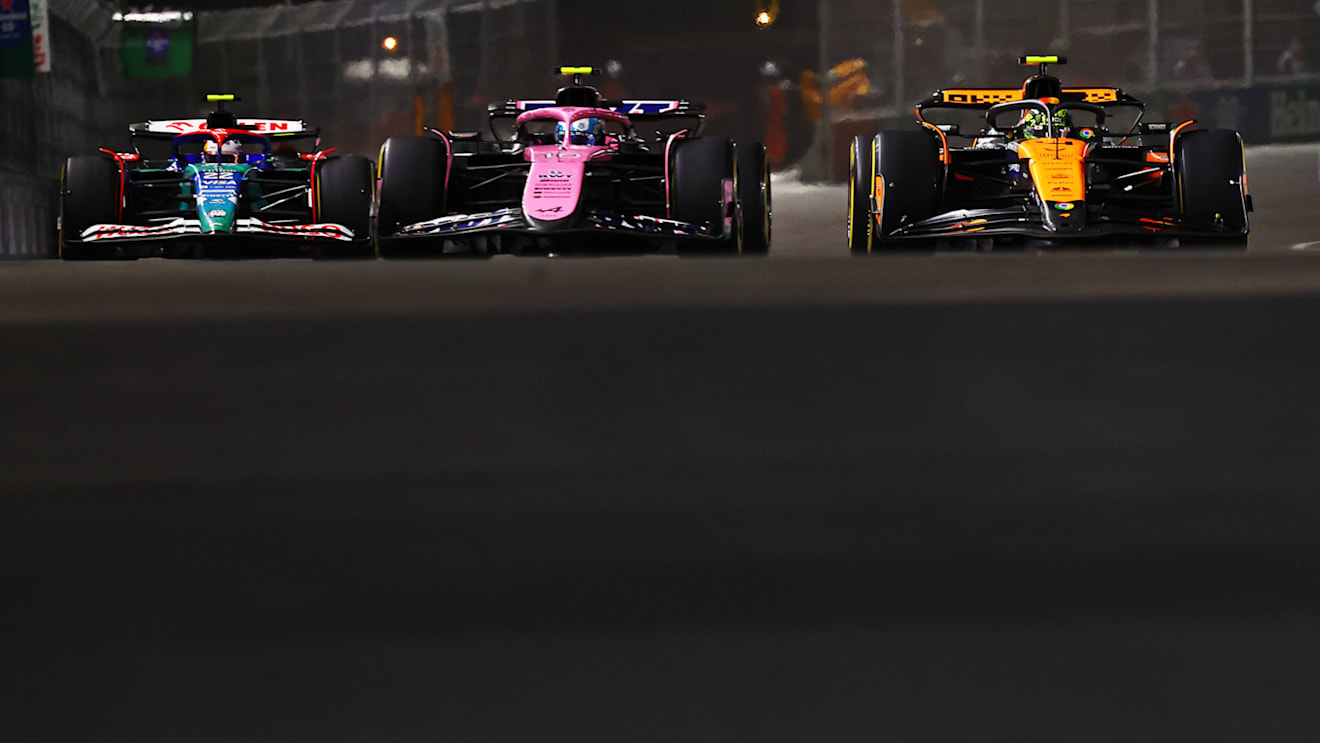 LAS VEGAS, NEVADA - NOVEMBER 23: Lando Norris of Great Britain driving the (4) McLaren MCL38 Mercedes leads Pierre Gasly of France driving the (10) Alpine F1 A524 Renault during the F1 Grand Prix of Las Vegas at Las Vegas Strip Circuit on November 23, 2024 in Las Vegas, Nevada. (Photo by Mark Thompson/Getty Images)