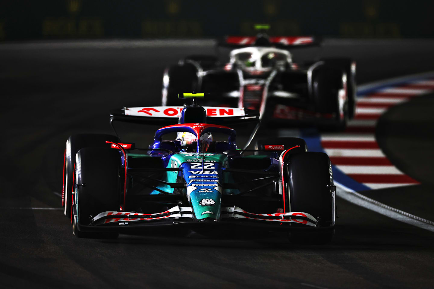 LAS VEGAS, NEVADA - NOVEMBER 23: Yuki Tsunoda leads Nico Hulkenberg on track during the F1 Grand Prix of Las Vegas at Las Vegas Strip Circuit on November 23, 2024 in Las Vegas, Nevada. (Photo by Jared C. Tilton - Formula 1/Formula 1 via Getty Images)