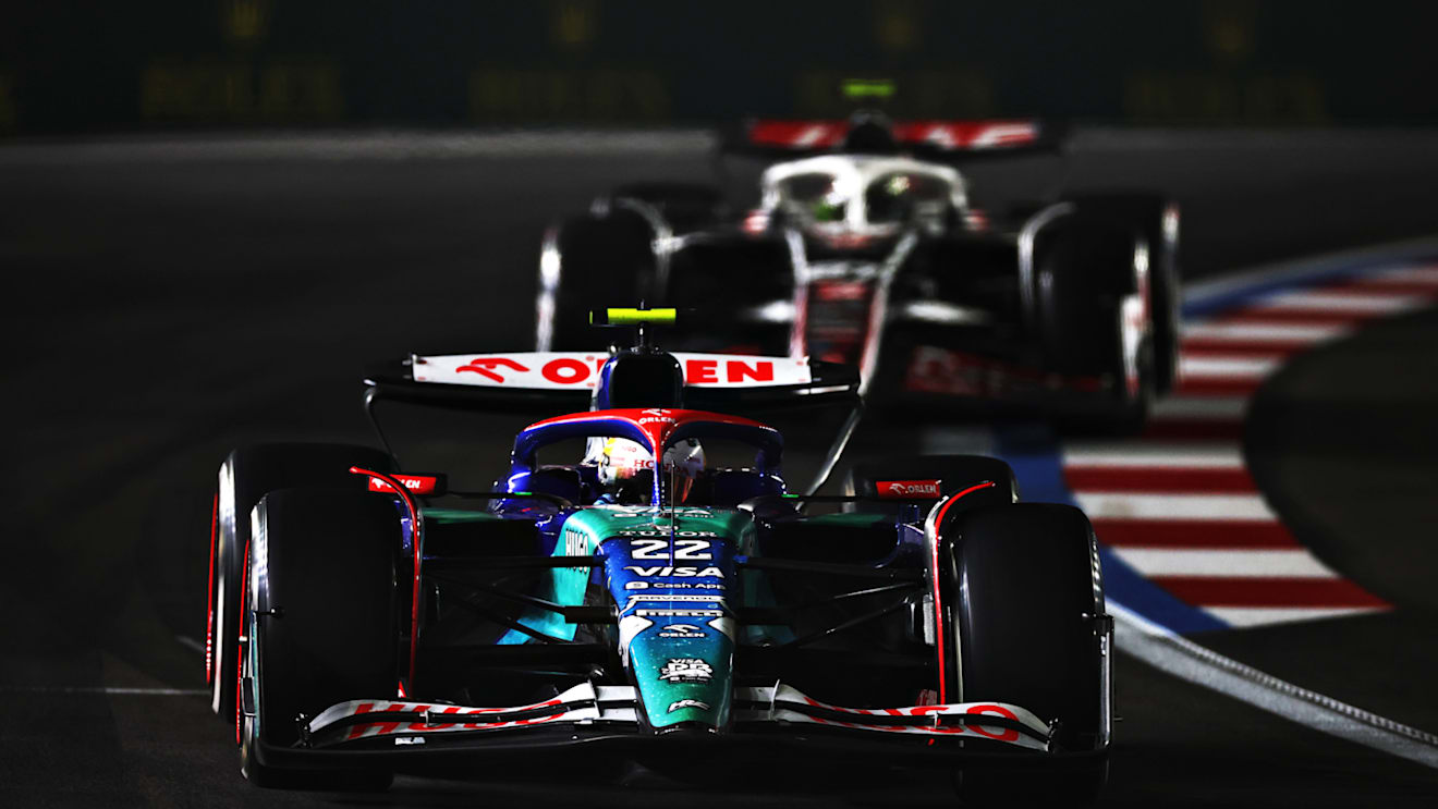 LAS VEGAS, NEVADA - NOVEMBER 23: Yuki Tsunoda of Japan driving the (22) Visa Cash App RB VCARB 01 leads Nico Hulkenberg of Germany driving the (27) Haas F1 VF-24 Ferrari on track during the F1 Grand Prix of Las Vegas at Las Vegas Strip Circuit on November 23, 2024 in Las Vegas, Nevada. (Photo by Jared C. Tilton - Formula 1/Formula 1 via Getty Images)