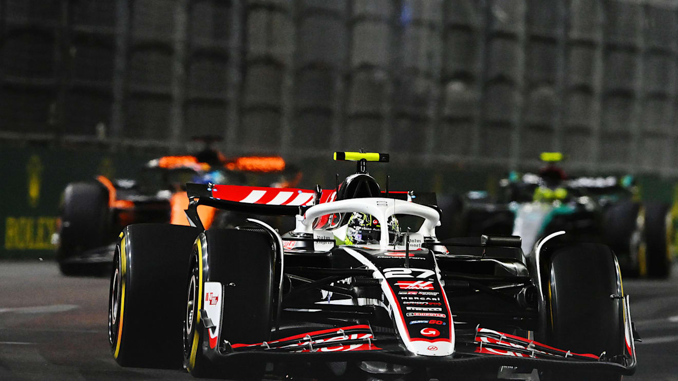 LAS VEGAS, NEVADA - NOVEMBER 23: Nico Hulkenberg of Germany driving the (27) Haas F1 VF-24 Ferrari on track during the F1 Grand Prix of Las Vegas at Las Vegas Strip Circuit on November 23, 2024 in Las Vegas, Nevada. (Photo by Rudy Carezzevoli/Getty Images)