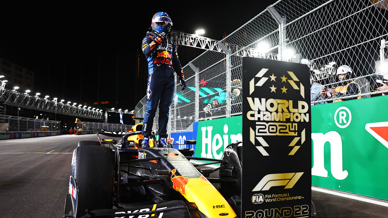 LAS VEGAS, NEVADA - NOVEMBER 23: 2024 F1 World Drivers Champion Max Verstappen of the Netherlands and Oracle Red Bull Racing celebrates in parc ferme during the F1 Grand Prix of Las Vegas at Las Vegas Strip Circuit on November 23, 2024 in Las Vegas, Nevada. (Photo by Mark Thompson/Getty Images)