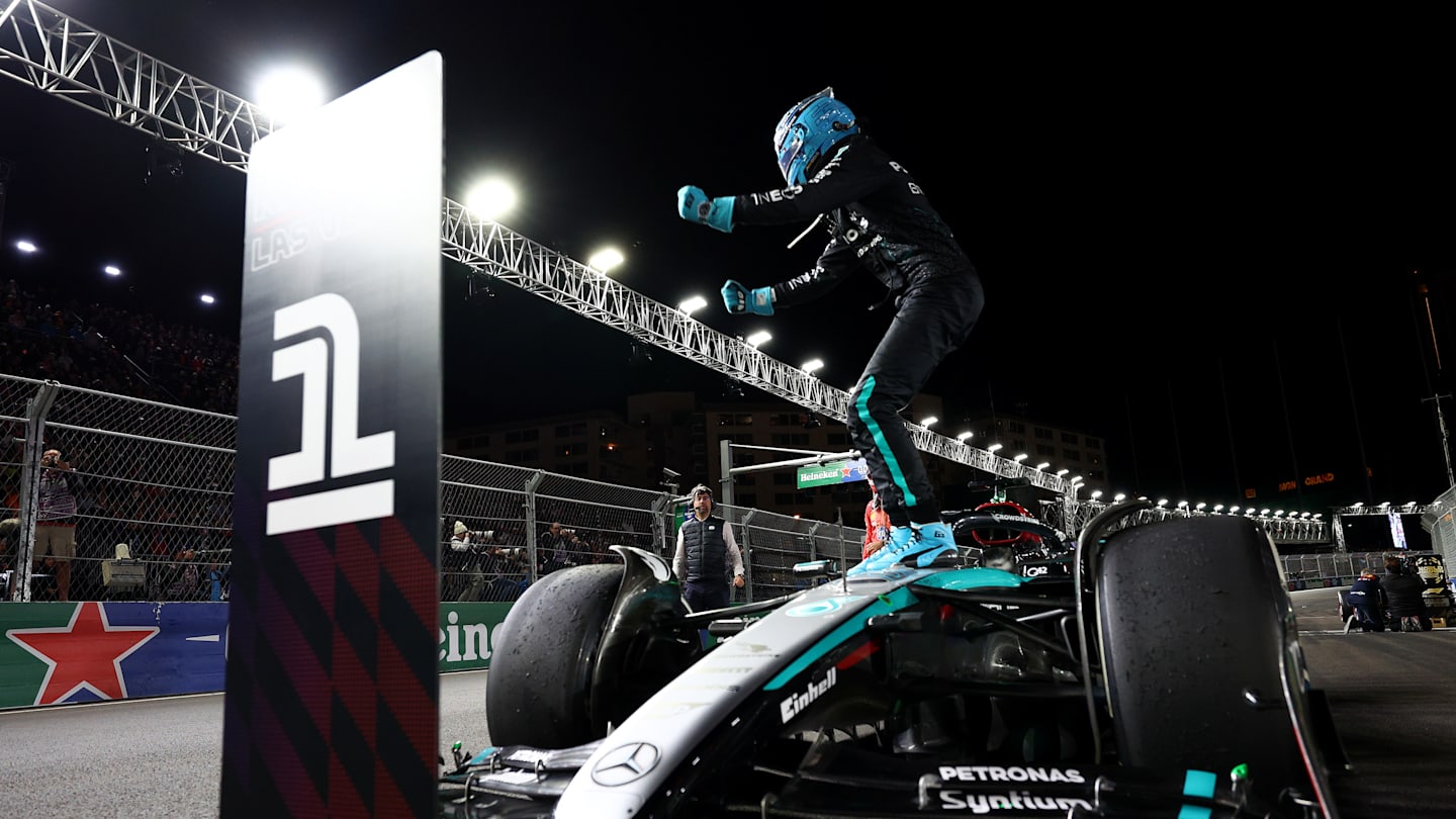 LAS VEGAS, NEVADA - NOVEMBER 23: Race winner George Russell of Great Britain and Mercedes