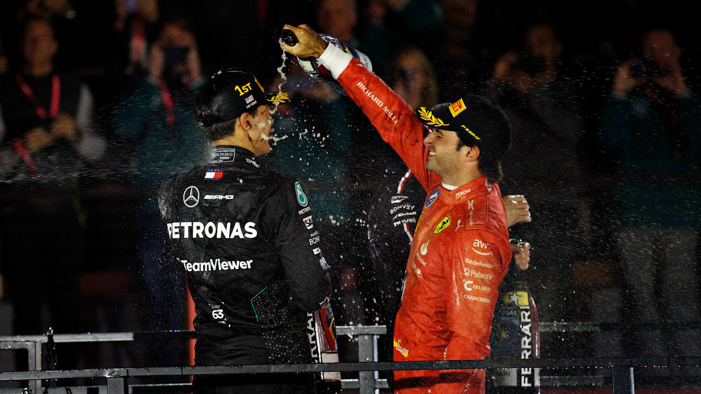 LAS VEGAS, NEVADA - NOVEMBER 23: Race winner George Russell of Great Britain and Mercedes and Third