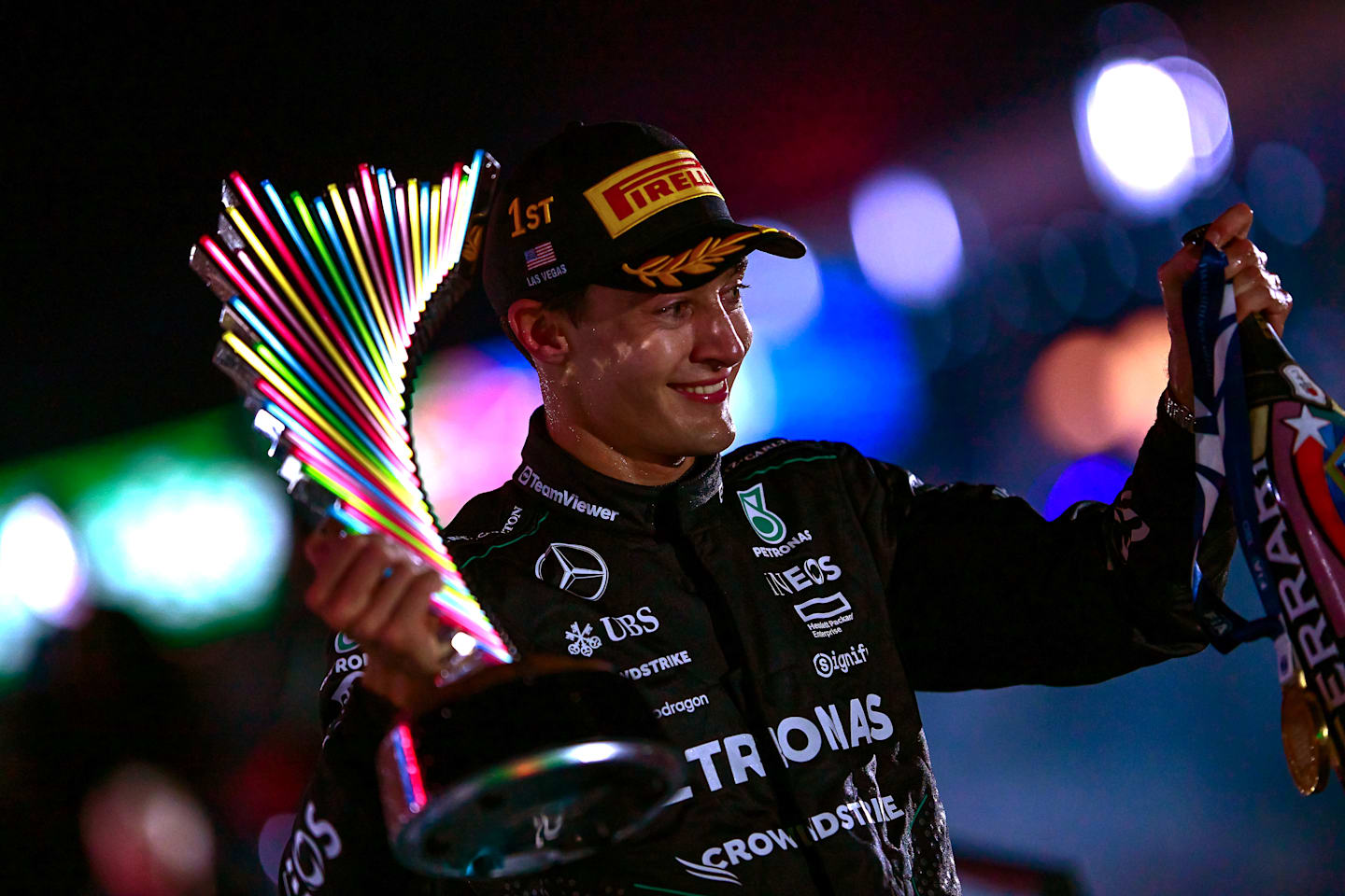 LAS VEGAS, NEVADA - NOVEMBER 23: Race winner George Russell of Great Britain and Mercedes