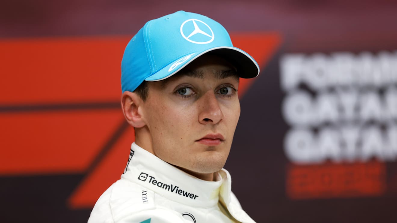 LUSAIL CITY, QATAR - NOVEMBER 30: Second placed qualifier George Russell of Great Britain and Mercedes attends the press conference after qualifying ahead of the F1 Grand Prix of Qatar at Lusail International Circuit on November 30, 2024 in Lusail City, Qatar. (Photo by Bryn Lennon/Getty Images)