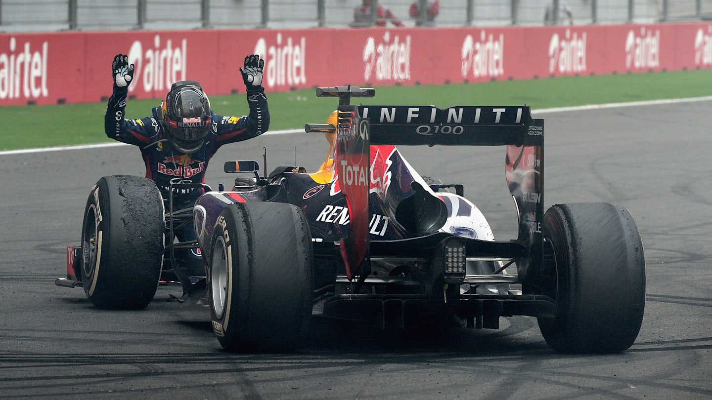 NOIDA, INDIA - OCTOBER 27:  Race winner and 2013 Formula One World Champion Sebastian Vettel of