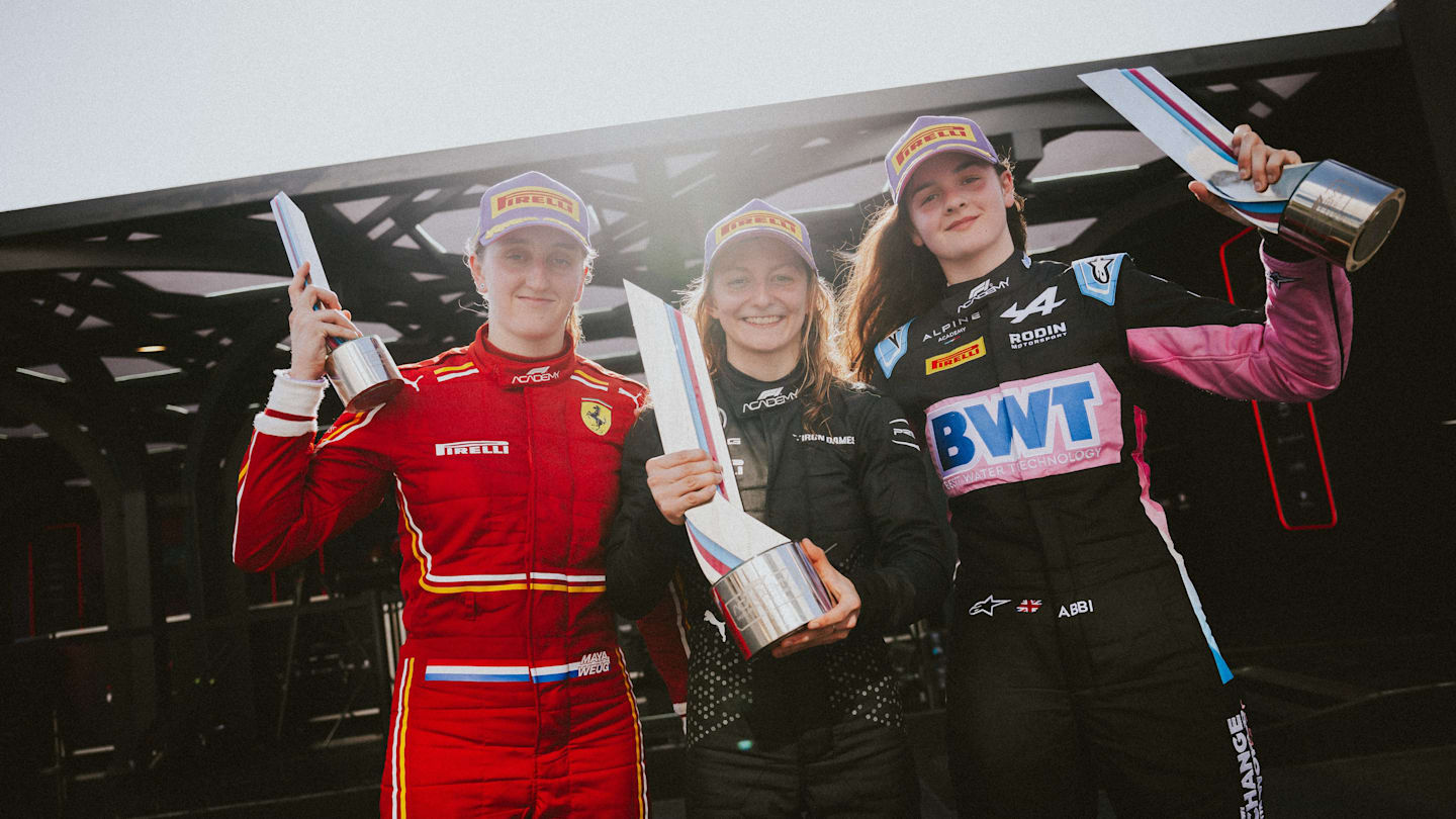 JEDDAH, SAUDI ARABIA - MARCH 08: Race winner Doriane Pin of France and PREMA Racing (C), Second