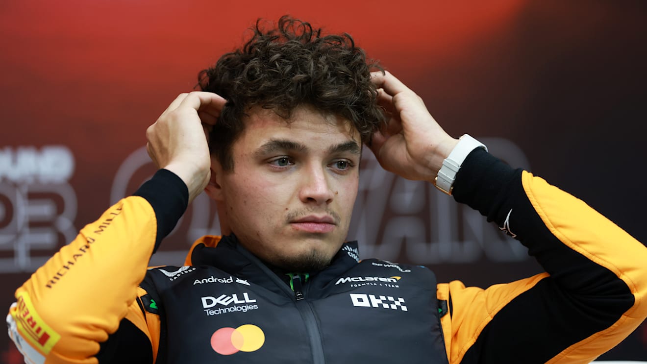 LUSAIL CITY, QATAR - NOVEMBER 30: Third placed qualifier Lando Norris of Great Britain and McLaren attends the press conference after qualifying ahead of the F1 Grand Prix of Qatar at Lusail International Circuit on November 30, 2024 in Lusail City, Qatar. (Photo by Bryn Lennon/Getty Images)