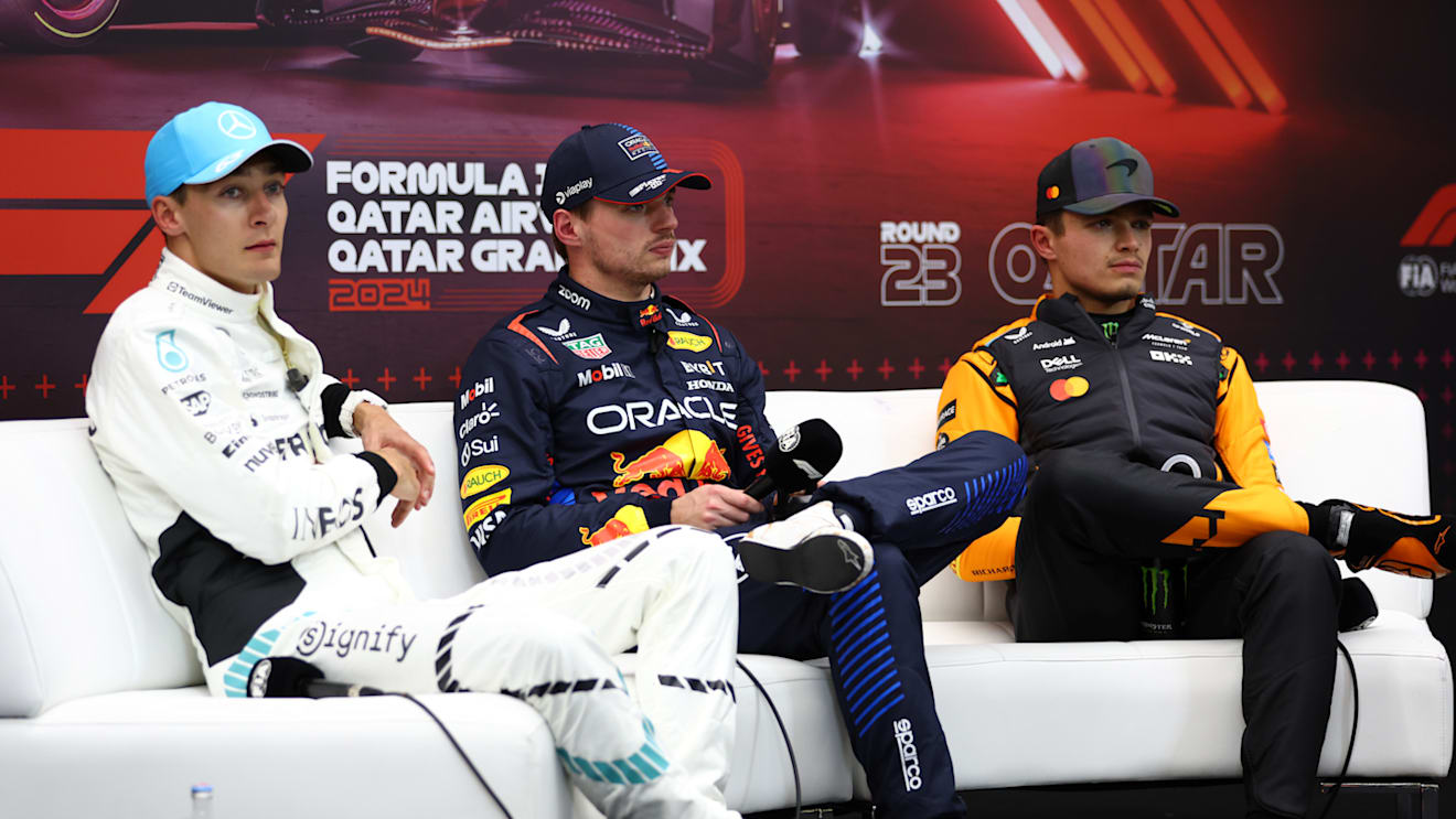 LUSAIL CITY, QATAR - NOVEMBER 30: Pole position qualifier Max Verstappen of the Netherlands and Oracle Red Bull Racing, Second placed qualifier George Russell of Great Britain and Mercedes, and Third placed qualifier Lando Norris of Great Britain and McLaren attend the press conference after qualifying ahead of the F1 Grand Prix of Qatar at Lusail International Circuit on November 30, 2024 in Lusail City, Qatar. (Photo by Bryn Lennon/Getty Images)