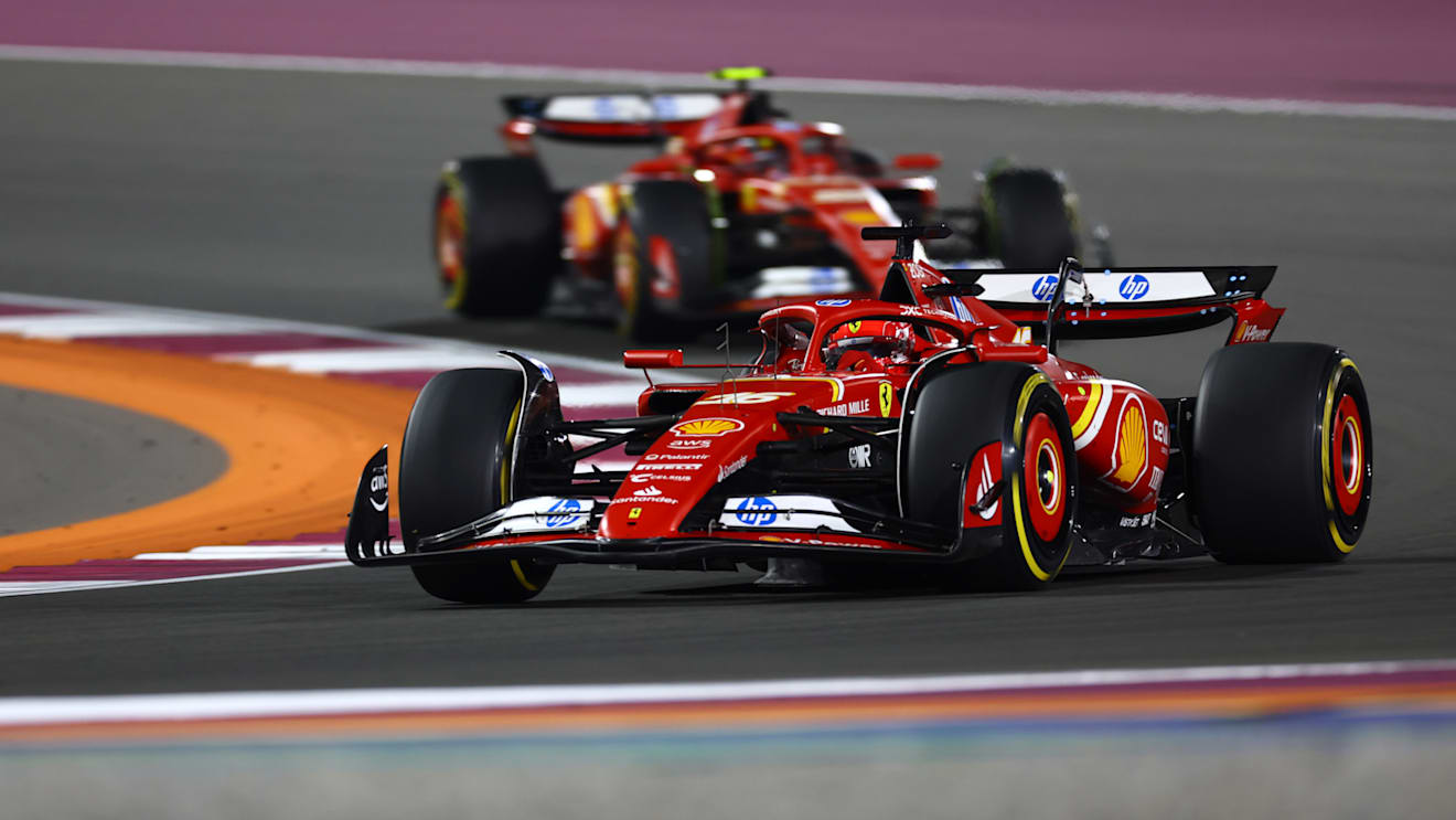 LUSAIL CITY, QATAR - DECEMBER 01: Charles Leclerc of Monaco driving the (16) Ferrari SF-24 leads Carlos Sainz of Spain driving (55) the Ferrari SF-24 on track during the F1 Grand Prix of Qatar at Lusail International Circuit on December 01, 2024 in Lusail City, Qatar. (Photo by Mark Thompson/Getty Images)