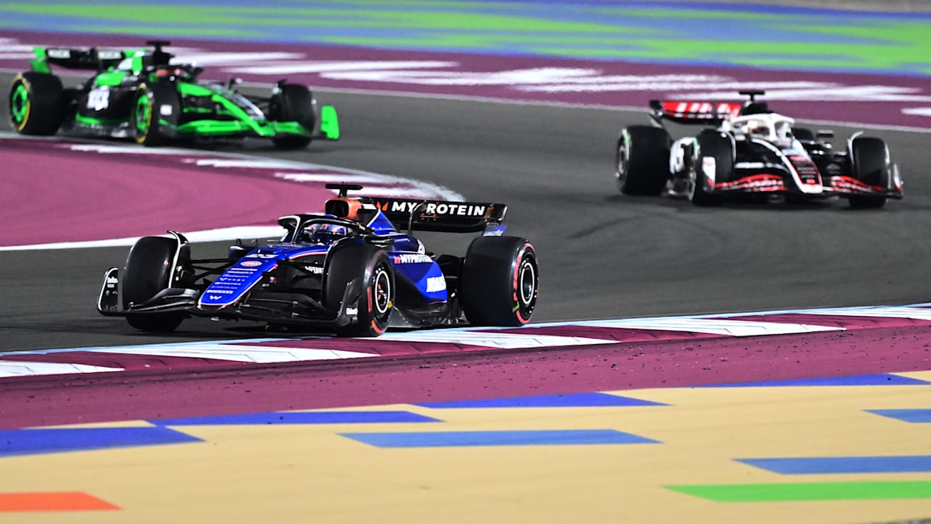 LUSAIL CITY, QATAR - DECEMBER 01: Alexander Albon of Thailand driving the (23) Williams FW46 Mercedes leads Kevin Magnussen of Denmark driving the (20) Haas F1 VF-24 Ferrari and Valtteri Bottas of Finland driving the (77) Kick Sauber C44 Ferrari on track during the F1 Grand Prix of Qatar at Lusail International Circuit on December 01, 2024 in Lusail City, Qatar. (Photo by Pauline Ballet - Formula 1/Formula 1 via Getty Images)