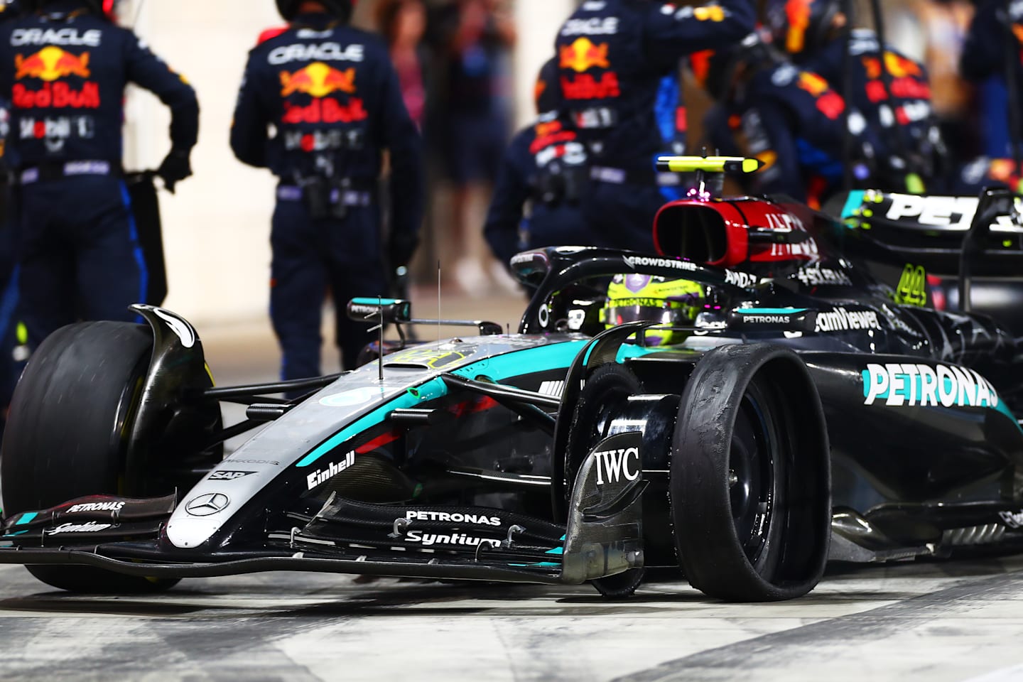 Lewis Hamilton driving the (44) Mercedes AMG Petronas F1 Team W15 has a puncture in the Pit Lane during the F1 Grand Prix of Qatar at Lusail International Circuit on December 01, 2024 in Lusail City, Qatar. (Photo by Peter Fox/Getty Images)