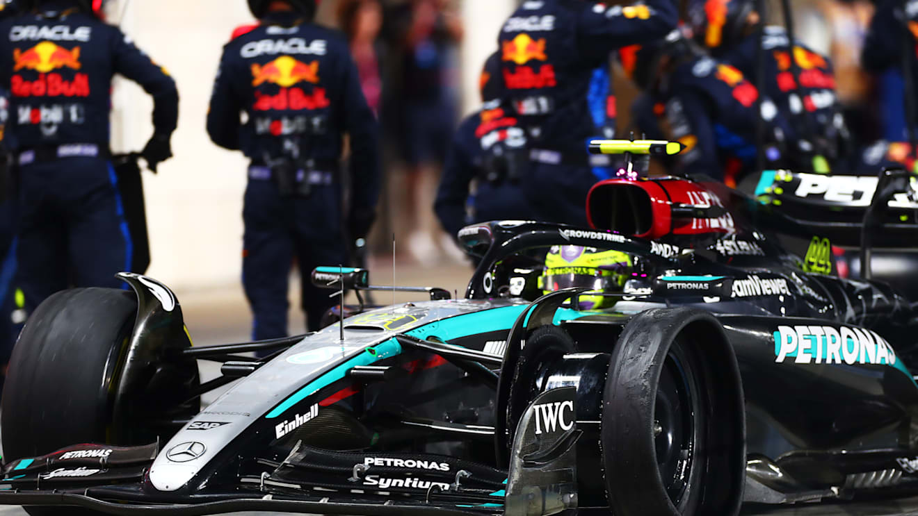 LUSAIL CITY, QATAR - DECEMBER 01: Lewis Hamilton of Great Britain driving the (44) Mercedes AMG Petronas F1 Team W15 has a puncture in the Pit Lane during the F1 Grand Prix of Qatar at Lusail International Circuit on December 01, 2024 in Lusail City, Qatar. (Photo by Peter Fox/Getty Images)