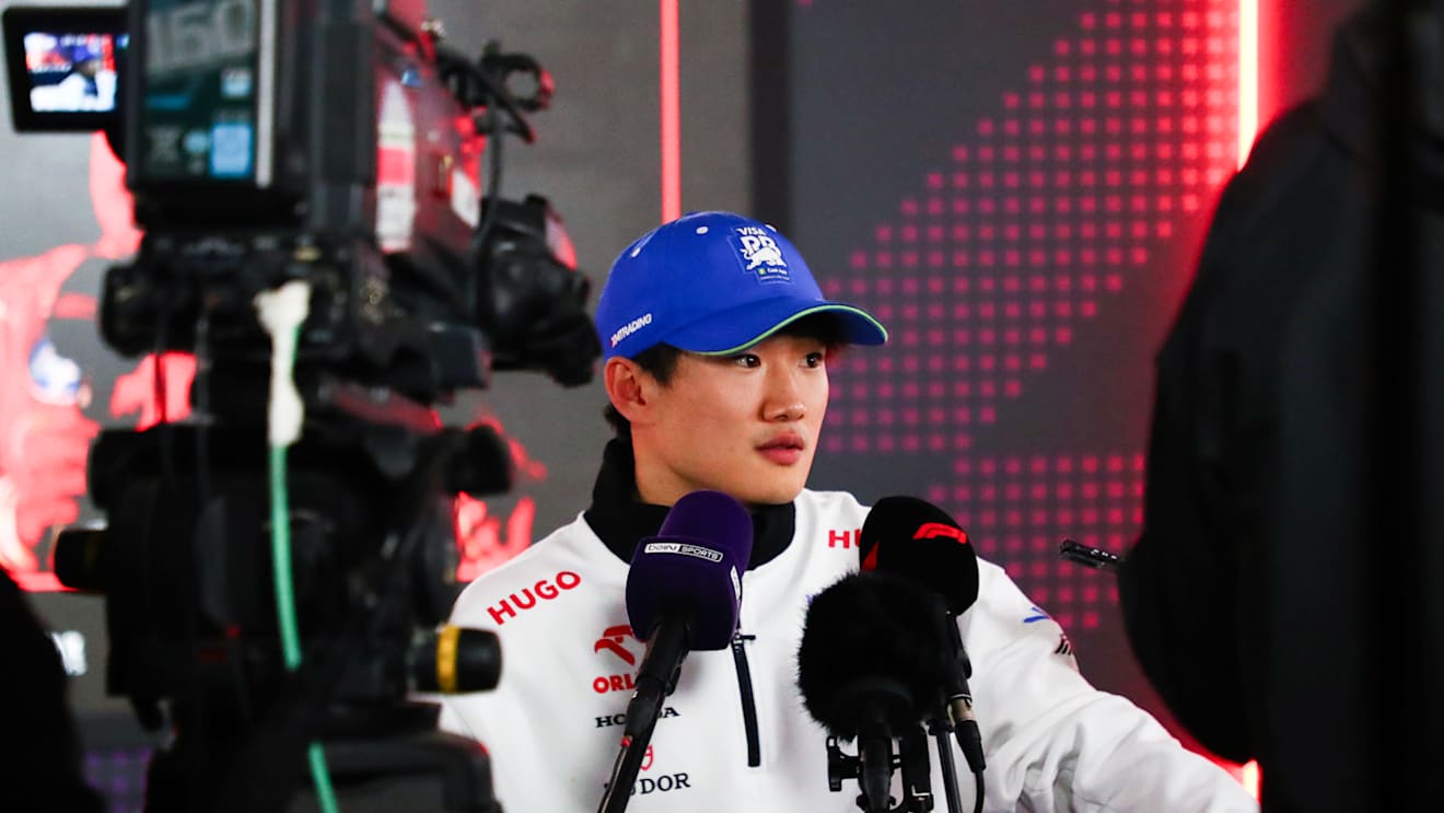 LUSAIL CITY, QATAR - DECEMBER 01: Yuki Tsunoda of Japan and Visa Cash App RB talks to the press during the F1 Grand Prix of Qatar at Lusail International Circuit on December 01, 2024 in Lusail City, Qatar. (Photo by Peter Fox/Getty Images)