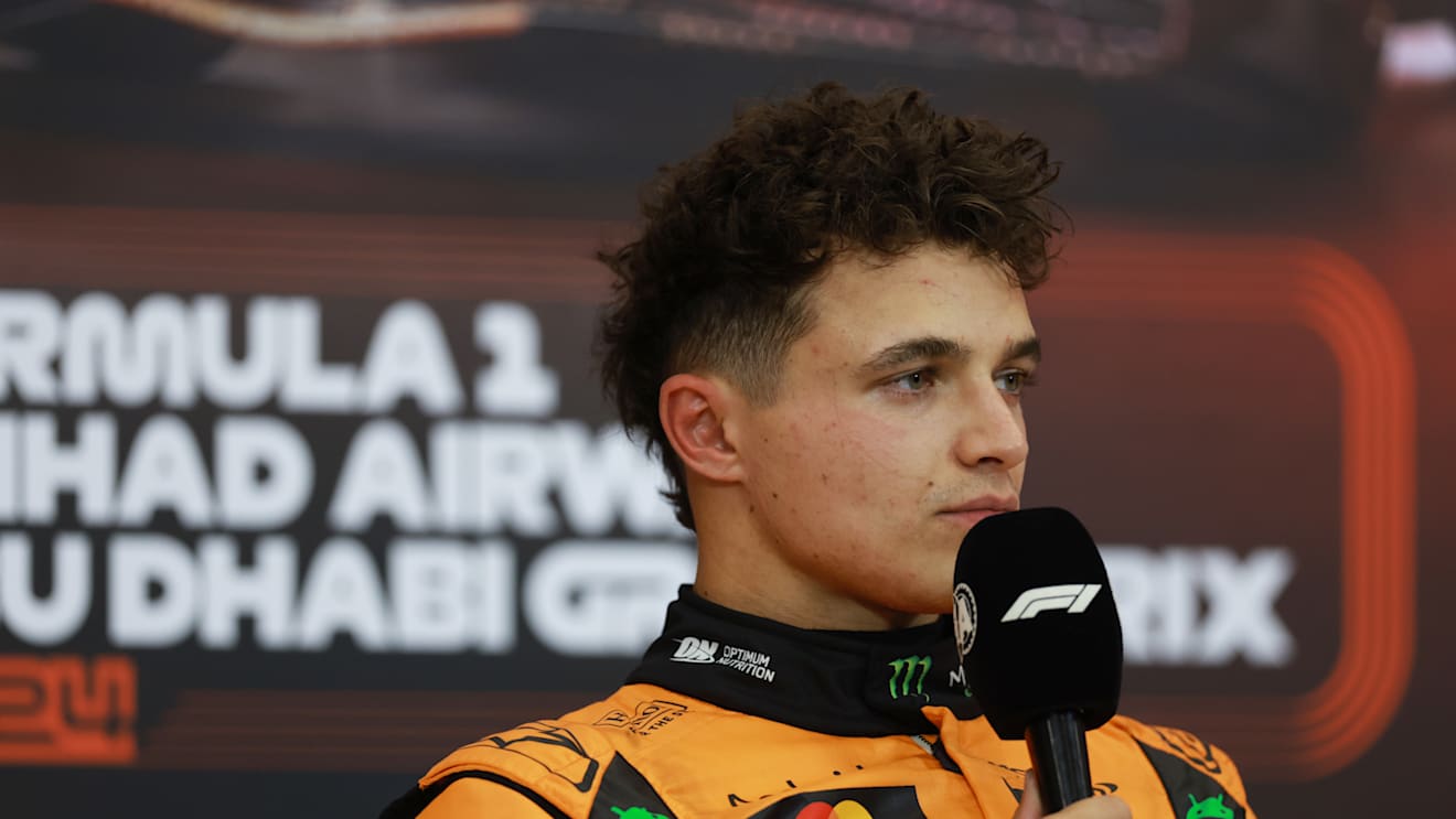 ABU DHABI, UNITED ARAB EMIRATES - DECEMBER 07: Pole position qualifier Lando Norris of Great Britain and McLaren attends the press conference after qualifying ahead of the F1 Grand Prix of Abu Dhabi at Yas Marina Circuit on December 07, 2024 in Abu Dhabi, United Arab Emirates. (Photo by Bryn Lennon/Getty Images)